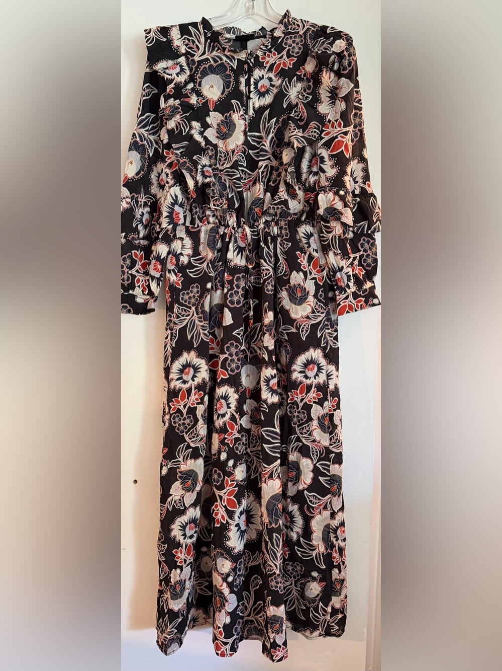 Black cotton Floral Maxi Dress Ruffles Drawstring NWT L